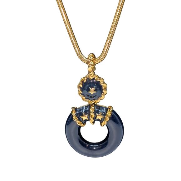 Nautical Navy Enamel Life Preserver Pendant Gold Tone Long Snake Chain Necklace - Picture 2 of 6